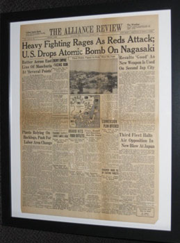 Alliance Review headline for the atomic bomb dropped on Nagasaki, Japan, August 9, 1945